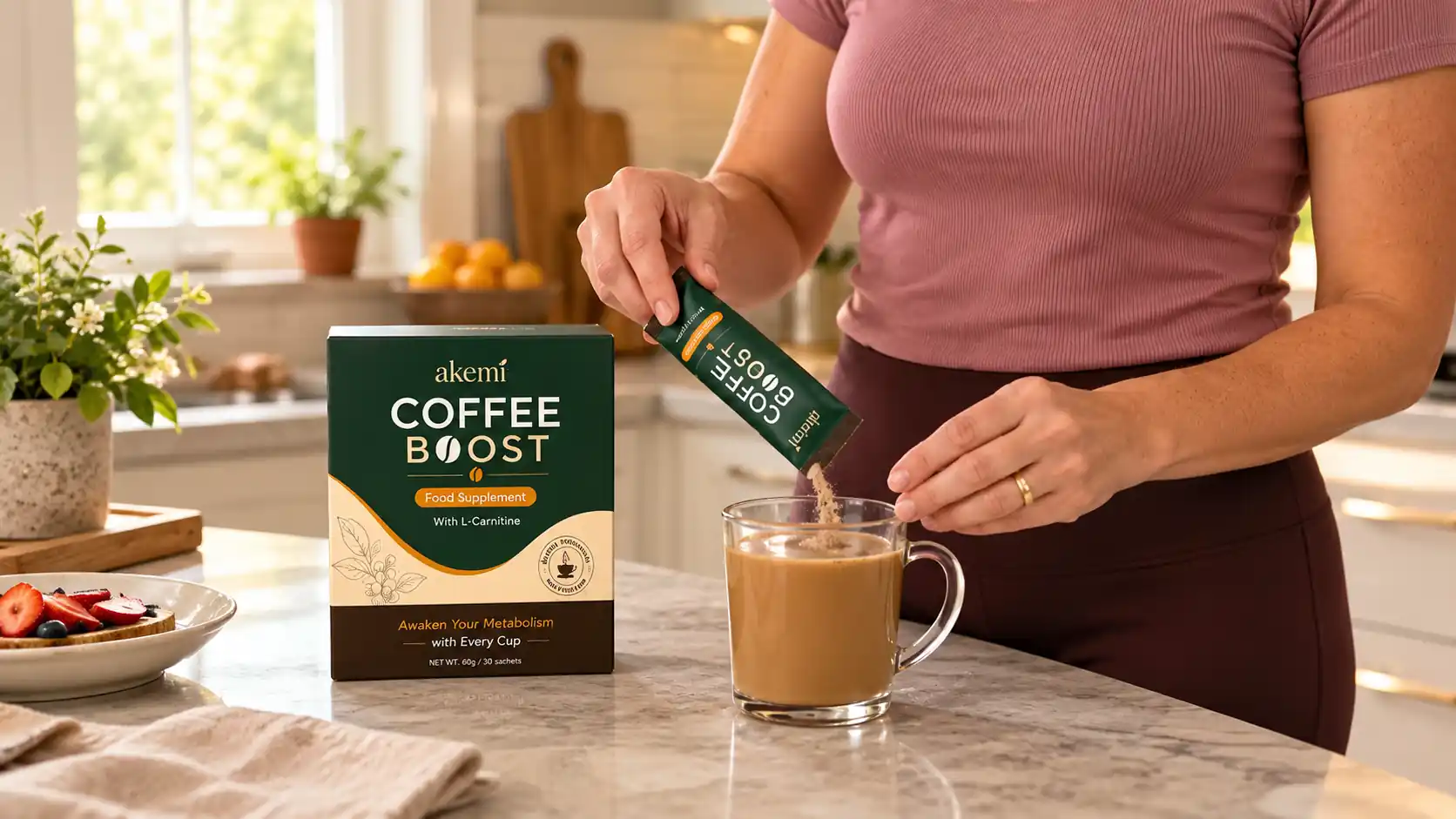 Akemi Coffee Boost sachet being mixed into a cup of coffee