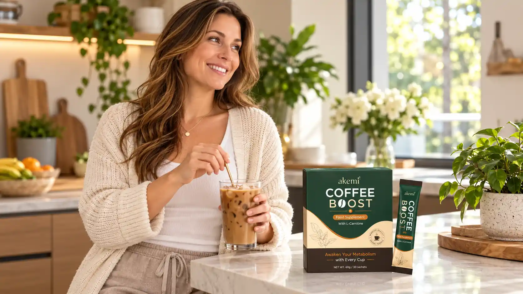 Woman preparing iced coffee next to Akemi Coffee Boost