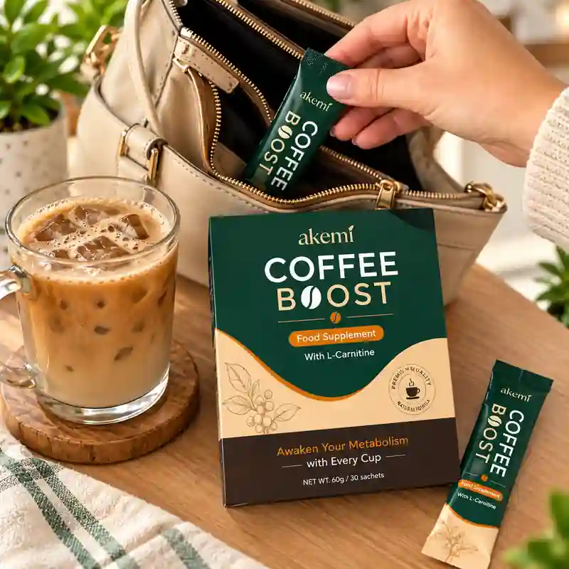 Akemi Coffee Boost sachet beside a handbag and iced coffee